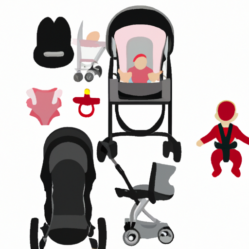 מגוון ציוד לתינוק כולל עגלה, כיסא בטיחות ומנשא
